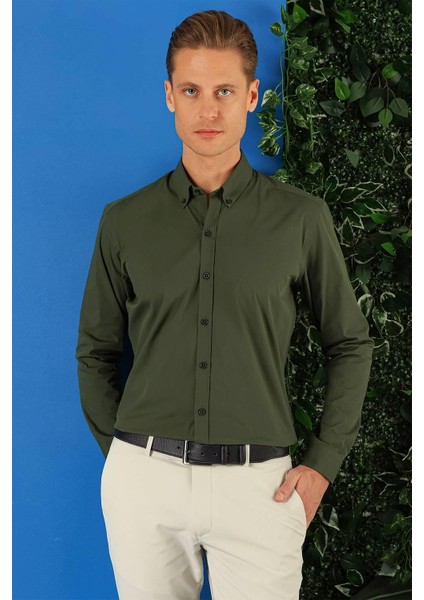 Slim Fit Düğmeli Yaka Pamuklu Klasik Haki Gömlek Gk 715 indirimleri