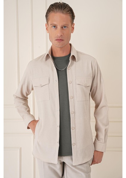 Comfort Fit Yan Cep Çıtçıtlı Esnek Pamuk Koyu Bej Gömlek Ceket G 1565 fiyatları