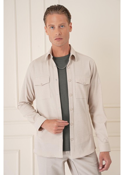 Comfort Fit Yan Cep Çıtçıtlı Esnek Pamuk Koyu Bej Gömlek Ceket G 1565 modelleri