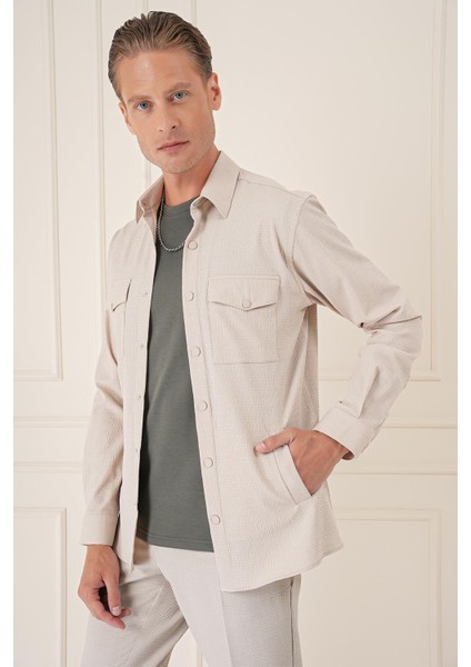 Comfort Fit Yan Cep Çıtçıtlı Esnek Pamuk Koyu Bej Gömlek Ceket G 1565 fırsatları