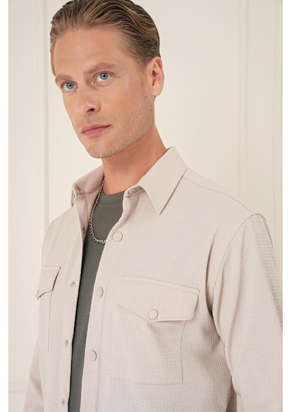 Comfort Fit Yan Cep Çıtçıtlı Esnek Pamuk Koyu Bej Gömlek Ceket G 1565 indirimleri