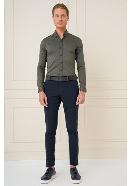 Slim Fit Düğmeli Yaka Esnek Pamuk Klasik Haki Gömlek Gk 727