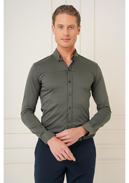 Slim Fit Düğmeli Yaka Esnek Pamuk Klasik Haki Gömlek Gk 727 fiyatları
