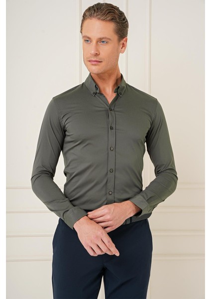Slim Fit Düğmeli Yaka Esnek Pamuk Klasik Haki Gömlek Gk 727 modelleri