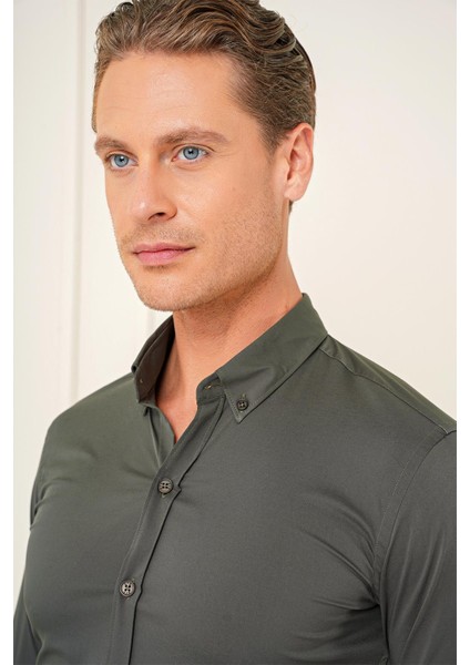 Slim Fit Düğmeli Yaka Esnek Pamuk Klasik Haki Gömlek Gk 727 fırsatları