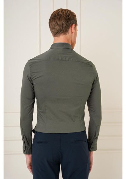 Slim Fit Düğmeli Yaka Esnek Pamuk Klasik Haki Gömlek Gk 727 indirimleri