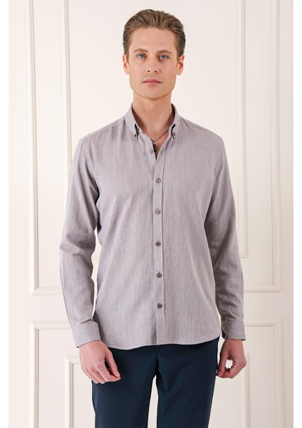 Slim Fit Düğmeli Yaka %100 Pamuk Klasik Vizon Gömlek Gk 723