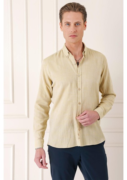 Slim Fit Düğmeli Yaka %100 Pamuk Klasik Limon Gömlek Gk 723