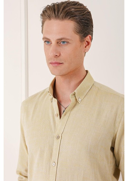 Slim Fit Düğmeli Yaka %100 Pamuk Klasik Limon Gömlek Gk 723 indirimleri