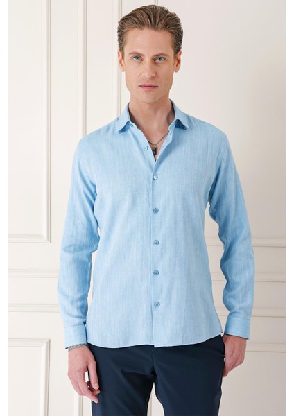 Comfort Fit Balıksırtı Dokuma %100 Pamuk Klasik Turkuaz Gömlek Gk 722