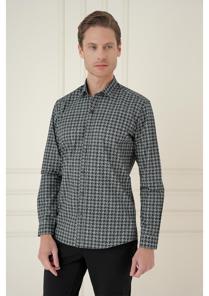 Slim Fit Kazayağı Desenli %100 Pamuk Casuel Gri Gömlek G 1585 fiyatları