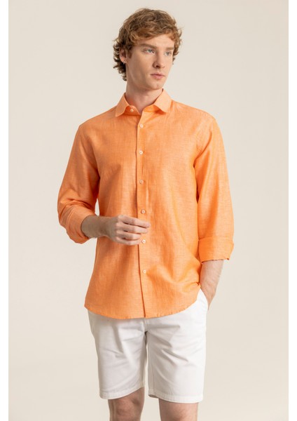 Erkek Turuncu Keten Cepsiz Modern Fit Gömlek fırsatları