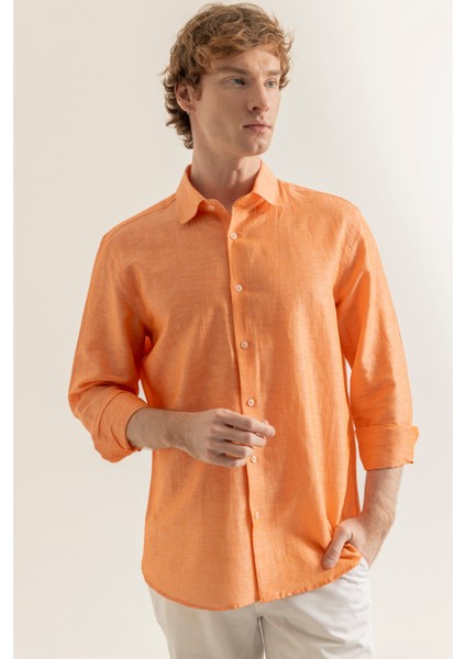 Erkek Turuncu Keten Cepsiz Modern Fit Gömlek indirimleri