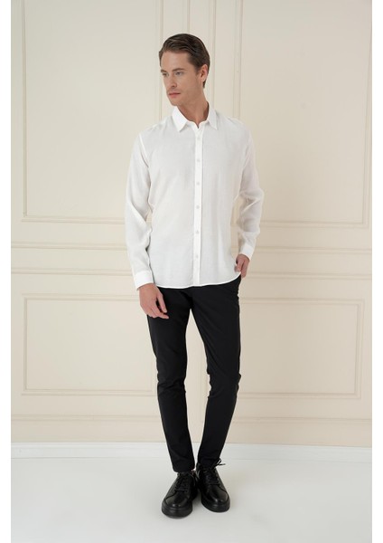 Slim Fit %100 Modal Uzun Kol Klasik Beyaz Gömlek Gk 743