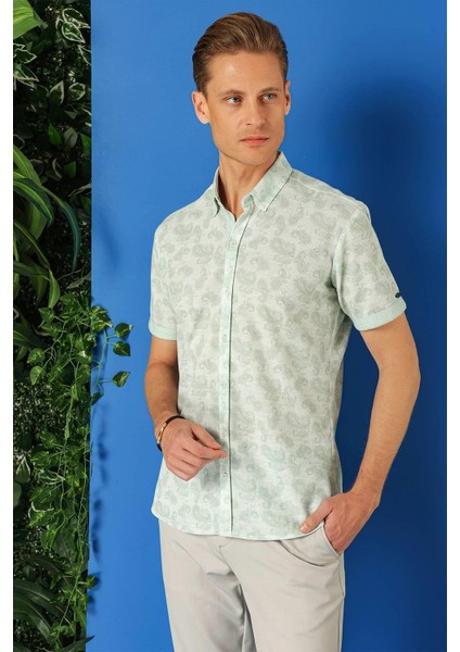 Slim Fit Düğmeli Yaka Şal Desenli Kısa Kol Pamuk Nil Yeşili Gömlek G 1501 fiyatları