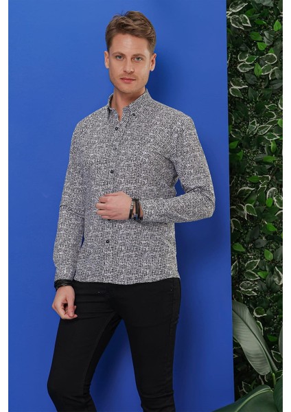 G 1548 Slim Fit Beyaz-Siyah Klasik Gömlek