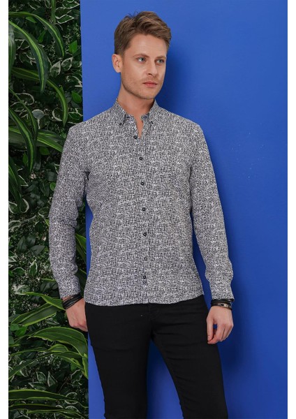 G 1548 Slim Fit Beyaz-Siyah Klasik Gömlek modelleri