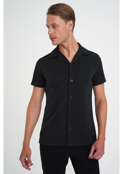 Slim Fit Apaş Yaka Modal Karışımlı Kısa Kol Siyah Gömlek G 1590 fiyatları