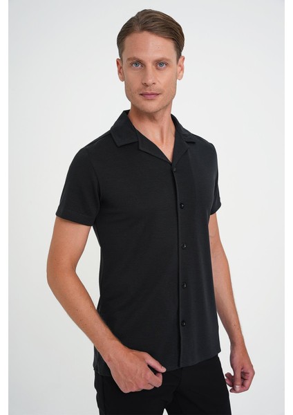 Slim Fit Apaş Yaka Modal Karışımlı Kısa Kol Siyah Gömlek G 1590 fırsatları