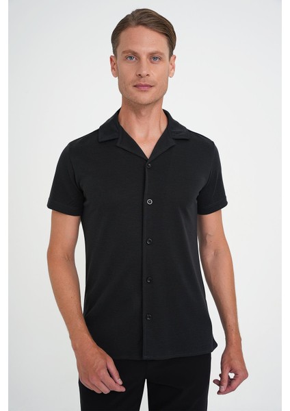 Slim Fit Apaş Yaka Modal Karışımlı Kısa Kol Siyah Gömlek G 1590 indirimleri