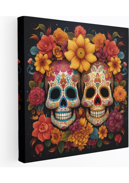 Güneybatı Kanvas Tablo - Dia De Los Muertos Şeker Kafatasları Duvar Sanatı - Güneybatı Canlı Şeker Kafatasları Kanvas Tablo