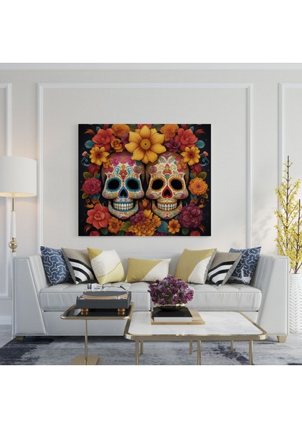 Güneybatı Kanvas Tablo - Dia De Los Muertos Şeker Kafatasları Duvar Sanatı - Güneybatı Canlı Şeker Kafatasları Kanvas Tablo modelleri