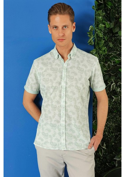 Slim Fit Düğmeli Yaka Şal Desenli Kısa Kol Pamuk Nil Yeşili Gömlek G 1501 fırsatları