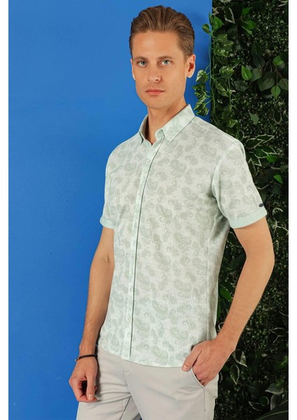 Slim Fit Düğmeli Yaka Şal Desenli Kısa Kol Pamuk Nil Yeşili Gömlek G 1501 indirimleri