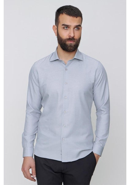 Slim Fit Pamuk Saten Klasik Gri Gömlek Gk 604