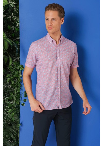 Slim Fit Düğmeli Yaka Desenli Kısa Kol Pamuk Eflatun Gömlek G 1504