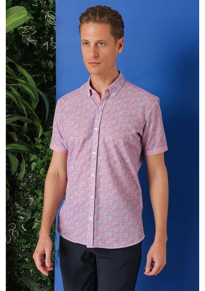 Slim Fit Düğmeli Yaka Desenli Kısa Kol Pamuk Eflatun Gömlek G 1504 modelleri