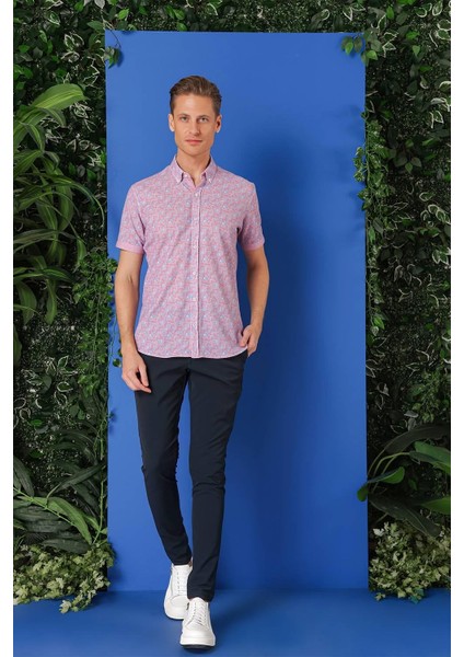 Slim Fit Düğmeli Yaka Desenli Kısa Kol Pamuk Eflatun Gömlek G 1504 indirimleri