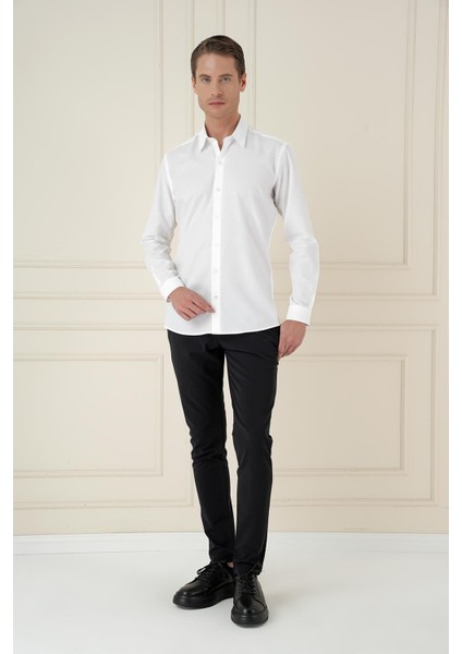 Slim Fit %100 Pamuk Uzun Kol Dokulu Klasik Beyaz Gömlek Gk 749