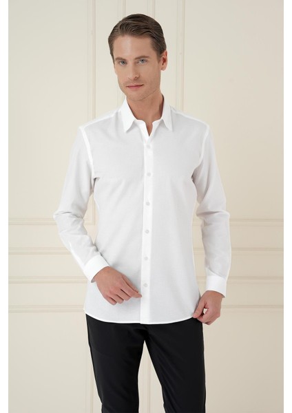 Slim Fit %100 Pamuk Uzun Kol Dokulu Klasik Beyaz Gömlek Gk 749 modelleri
