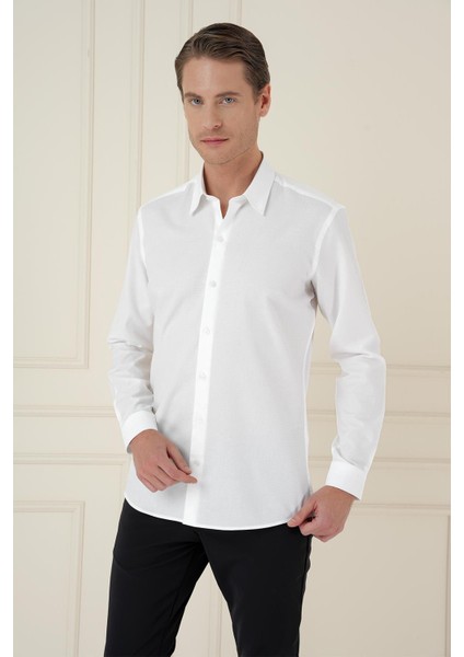 Slim Fit %100 Pamuk Uzun Kol Dokulu Klasik Beyaz Gömlek Gk 749 fırsatları