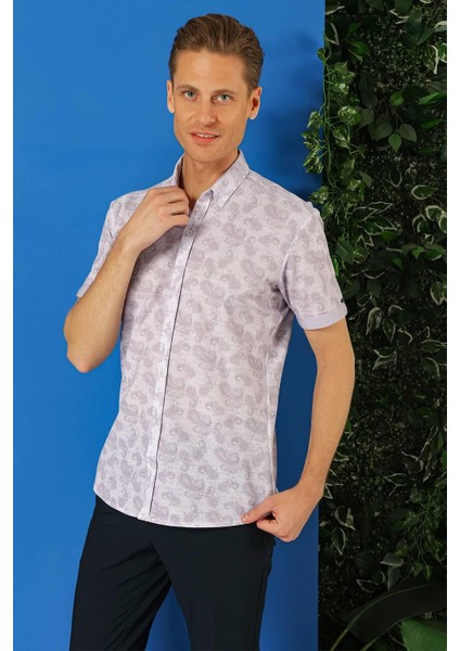 Slim Fit Düğmeli Yaka Şal Desenli Kısa Kol Pamuk Lila Gömlek G 1501