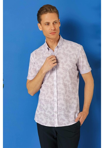 Slim Fit Düğmeli Yaka Şal Desenli Kısa Kol Pamuk Lila Gömlek G 1501 fiyatları