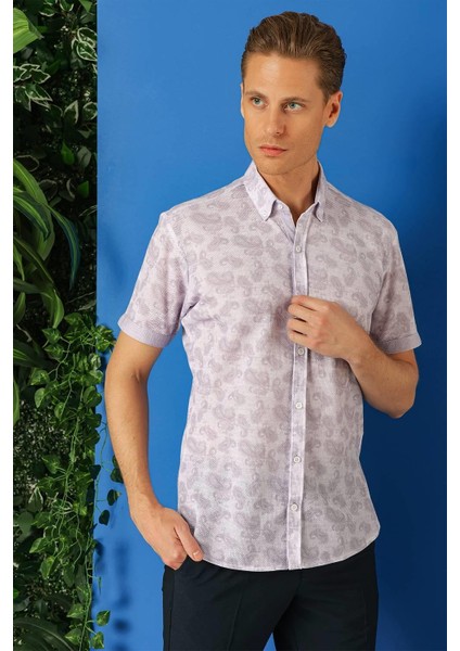 Slim Fit Düğmeli Yaka Şal Desenli Kısa Kol Pamuk Lila Gömlek G 1501 modelleri