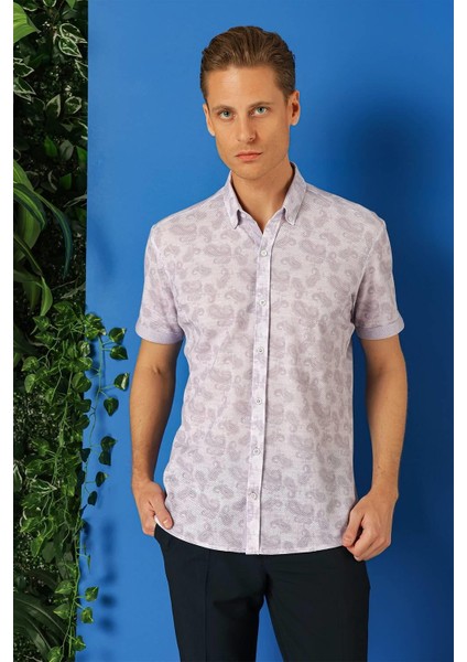 Slim Fit Düğmeli Yaka Şal Desenli Kısa Kol Pamuk Lila Gömlek G 1501 fırsatları