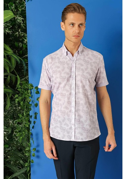 Slim Fit Düğmeli Yaka Şal Desenli Kısa Kol Pamuk Lila Gömlek G 1501 indirimleri