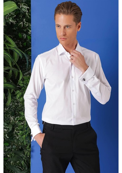 Slim Fit Duble Manşet %100 Pamuk Klasik Beyaz Gömlek Gk 682