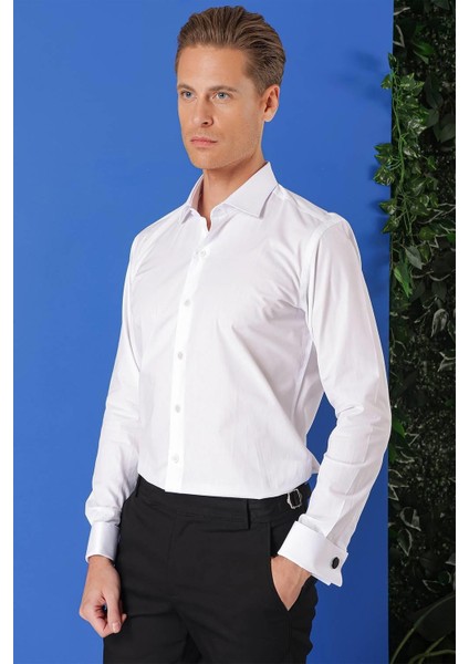 Slim Fit Duble Manşet %100 Pamuk Klasik Beyaz Gömlek Gk 682 modelleri