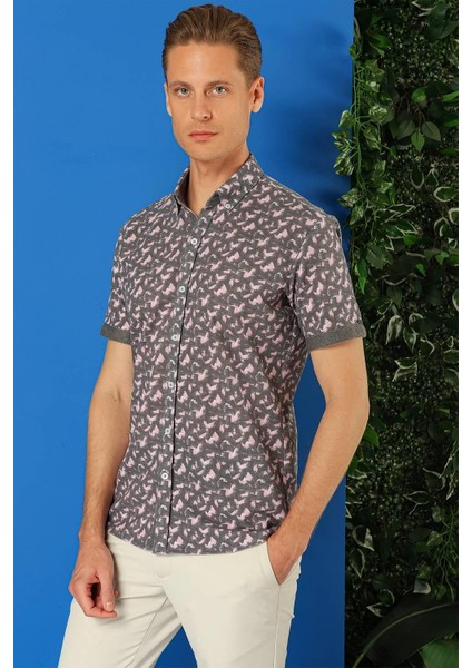 Slim Fit Düğmeli Yaka Desenli Kısa Kol Pamuk Füme Gömlek G 1504