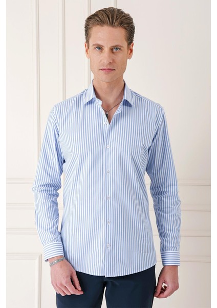 Slim Fit Dikine Çizgili %100 Pamuk Klasik Mavi Beyaz Gömlek Gk 721
