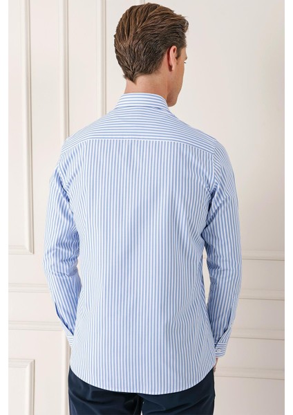 Slim Fit Dikine Çizgili %100 Pamuk Klasik Mavi Beyaz Gömlek Gk 721 indirimleri