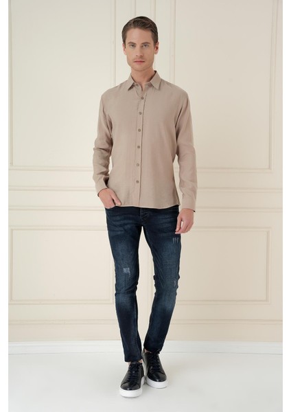 Slim Fit %100 Modal Uzun Kol Klasik Bej Gömlek Gk 743