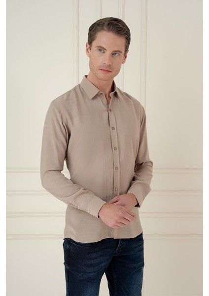 Slim Fit %100 Modal Uzun Kol Klasik Bej Gömlek Gk 743 fiyatları