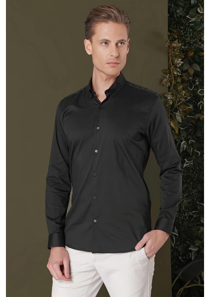 Slim Fit Düğmeli Yaka Esnek Pamuk Klasik Siyah Gömlek Gk 708