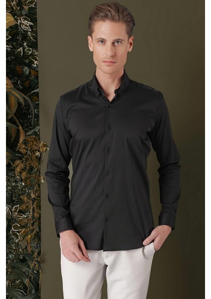 Slim Fit Düğmeli Yaka Esnek Pamuk Klasik Siyah Gömlek Gk 708 fiyatları