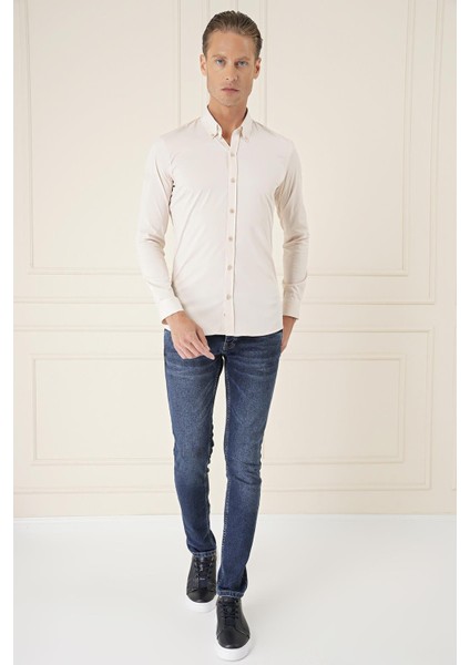 Slim Fit Düğmeli Yaka Esnek Pamuk Klasik Bej Gömlek Gk 727